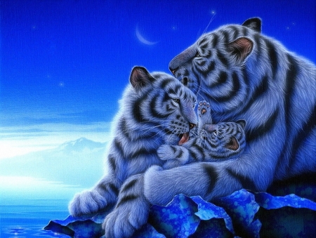 Treasure - kentaro nishino, cub, mother, fantasy, white, art, luminos, blue, animal, family, tiger, cute