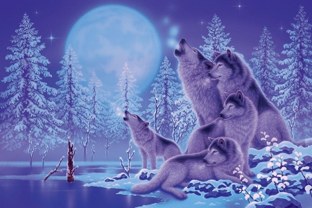 :) - moon, kentaro nishino, howl, iarna, lup, night, winter, frumusete, fantasy, pack, wolf, art, luminos, family, luna