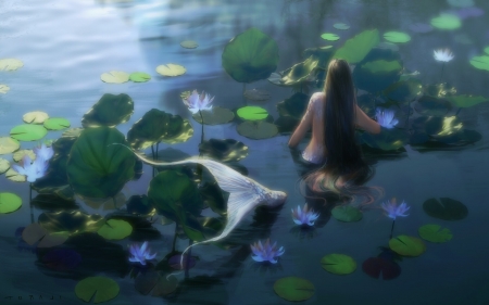 Mermaid - summer, flower, water, view from the top, siren, girl, blue, art, lotus, lake, fantasy, mermaid, vara, toraji, green