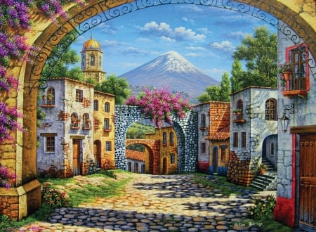 The Volcano - painting, volcano, village, houses