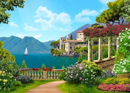 Italian coast - lake, mountain, summer, picturesque, italia, coast, village, view, art, beautiful, sailboat, flowers, sea