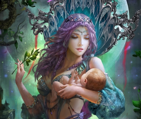 Fantasy girl - gril, baby, green, goddess, fantasy, ling lin