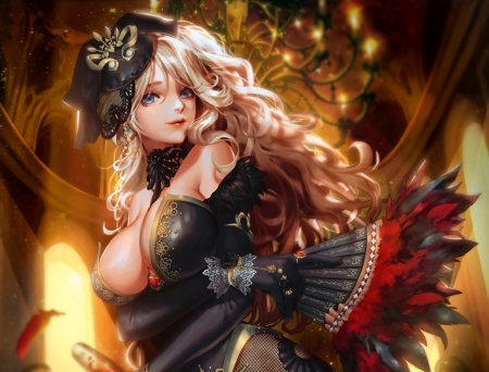 Fantasy girl - hand fan, girl, luminos, evantai, red, mlin d, black, fantasy