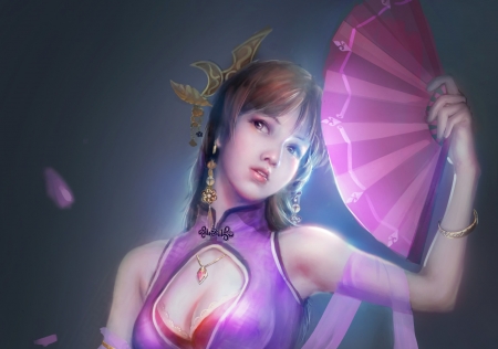 Fantasy girl - hand fan, blue, girl, pink, frumusete, fantasy, evantai, no name, asian, luminos, noname