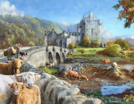 Highland Morning - painting, art, cow, man, pictura