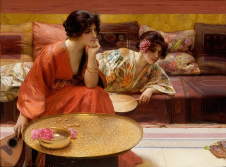 Idle Hours - hand fan, odalisque, sofa, girl, orange, pictura, evantai, painting, henry siddon mowbray, couple, art