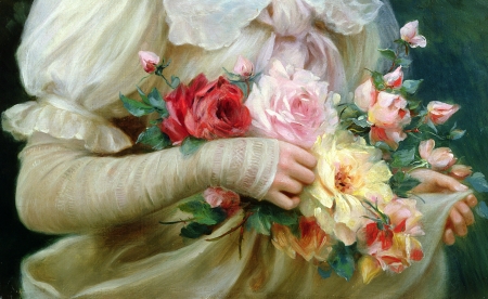 Elegant lady with a bouquet of roses (detail) - trandafir, lady, detail, emile vernon, rose, painting, bouquet of roses, art, pink, hand, luminos, red, pictura, flower