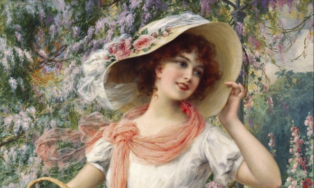 Elegant lady - hat, girl, pink, pictura, emile vernon, scarf, lady, painting, art