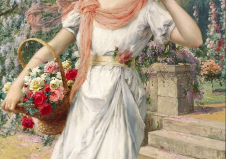 Elegant lady (detail) - flower, pink, basket, pictura, emile vernon, white, scarf, lady, painting, rose, art