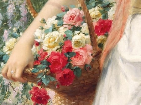 Basket of roses - trandafir, lady, basket, emile vernon, rose, painting, art, red, pink, pictura, flower