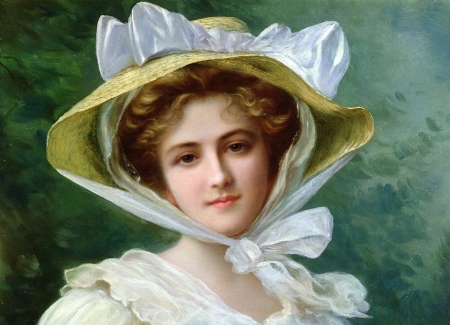 Elegant Lady - lady, girl, hat, emile vernon, elegant, painting, face, art, bow, portrait, pictura