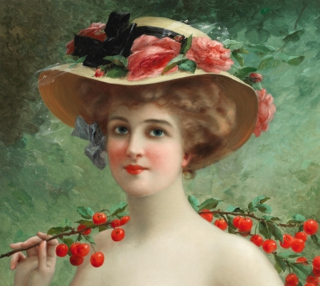 Elegant Lady - hat, cherry, portrait, girl, flower, pictura, emile vernon, red, painting, woman, fruit, rose, face, art