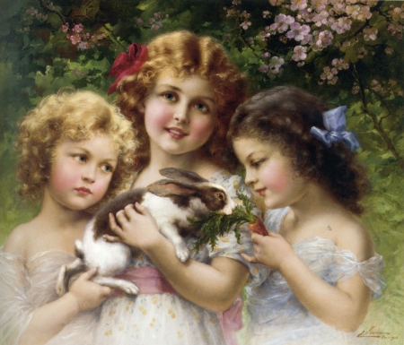 The pet rabbit - rabbit, girl, children, bunny, copil, pet, pictura, emile vernon, painting, little, art