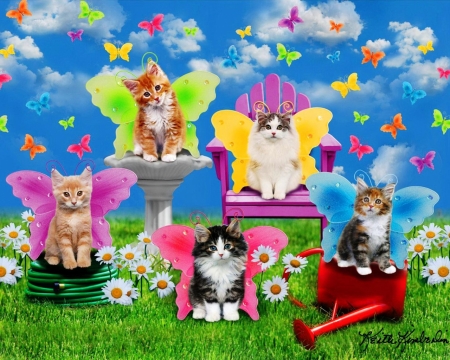 ♥ - flower, creative, cat, colorful, fantasy, kitten, butterfly, pisici, fairy