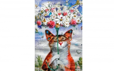 â™¥ - parasol, vara, cat, pisici, summer, fantasy, umbrella, luminos, orange, card, flower