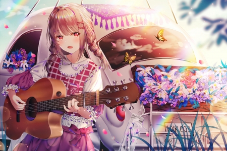 ♥ - guitar, manga, anime, instrument, junpaku karen, girl, flower, pink