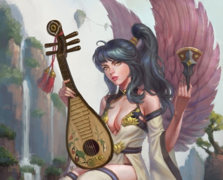 Angel - angel, girl, pink, wings, instrument, lute, fantasy