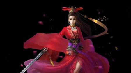 Fantasy girl - red, light night, sword, pink, black, katana, girl, frumusete, fantasy, assassin, asian, luminos