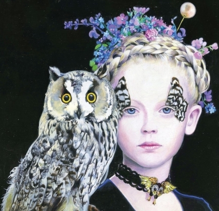 Girl with owl - titti garelli, girl, bufnita, owl, pasari, pictura, painting, face, art