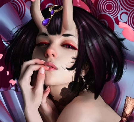 Shuten Douji - girl, pink, horns, fantasy, ringo applegreed, face, luminos, demon, shuten douji