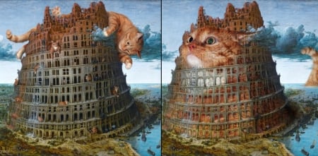 :D - turnul babel, cat, pisici, funny, tower of babel, fantasy, art, tour of babel, bruegel