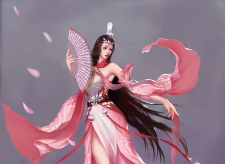 Fantasy girl - hand fan, girl, pink, evantai, frumusete, size, fantasy