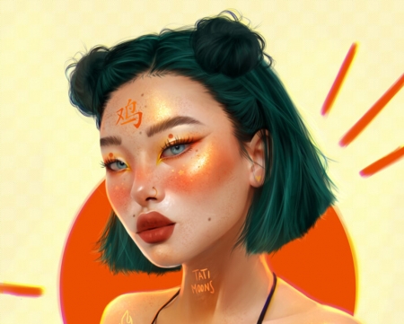 Chinese Zodiac ~ Rooster - face, zodiac, girl, rooster, chinese, fantasy, tati moons, orange, asian