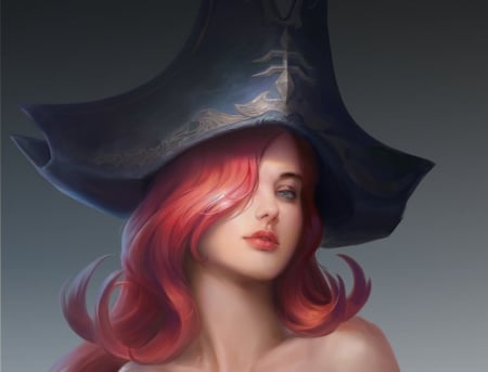 Miss Doom - face, redhead, girl, hat, fantasy, wei liao, miss doom