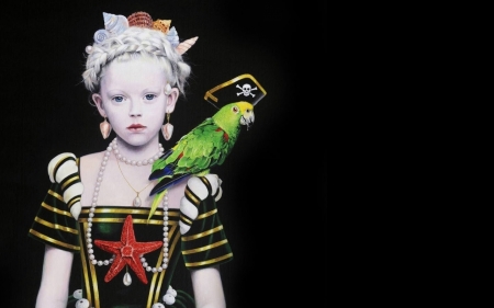 :) - girl, child, copil, black, painting, starfish, art, titi garelli, parrot, pictura, green, pirate