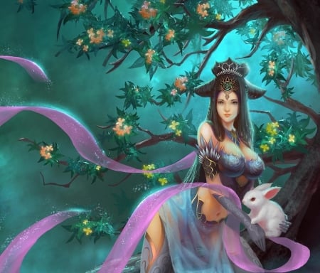 Fantasy girl - girl, luminos, pink, blue, frumusete, xiaochen li, bunny, fantasy