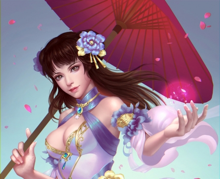 Fantasy girl - frumusete, fantasy, hand, parasol, girl, pink, luminos, yunxuan fu