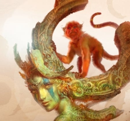 Chinese Zodiac ~ Monkey - zodiac, girl, fantasy, paolo barbieri, art, orange, green, monkey, chinese