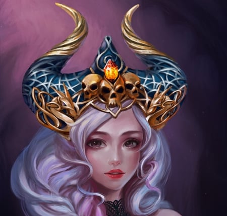 Queen of dragons - fantasy, dragon, blue, girl, face, pink, hong sam pham, horns