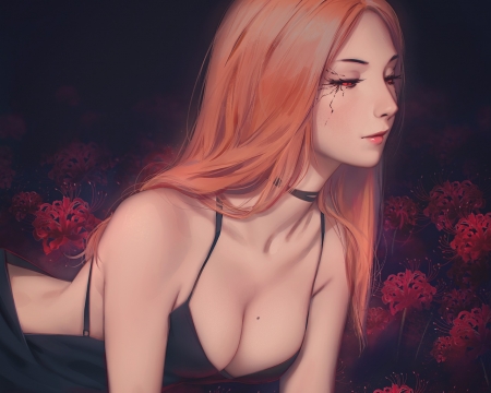 Itori - girl, tokyo ghoul, miura naoko, black, itori, red, pink, spider lily, anime, manga, flower