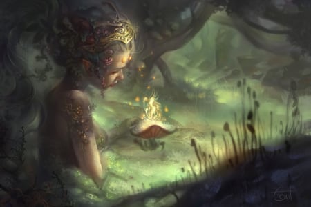 Newborn mushroom - tom trang, mushroom, elf, girl, frumusete, art, fantasy, hand, luminos, green