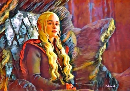 Daenerys - game of thrones, yellow, by cehenot, queen, pink, cehenot, oil, daenerys targaryen, pictura, red, painting, art