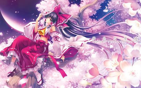 Cherryblossom Queen - moon, touhou, anime, japanese clothes, cherry blossoms, hakurei reimu