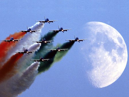 Displaying by The Moon - moon, jet, bluesky, display, fighter, team, military