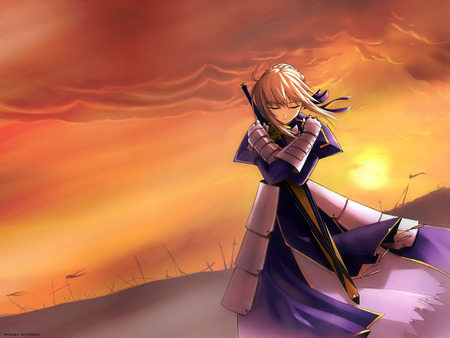 Fate - Sunset - battle, anime, blonde, fate, stay night, knight