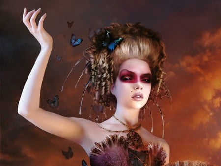 bloody eyes - woman, face, butterfly, mask, pretty, girl, clouds