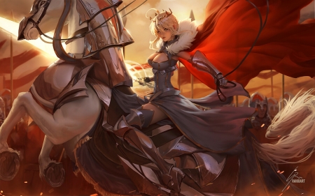 Artoria Lancer - fantasy, red, artoria lancer, girl, raikoart, horse