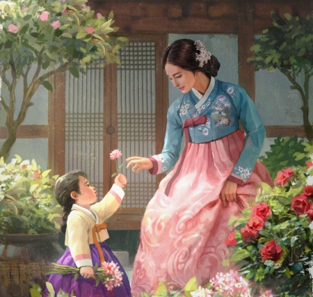 Sunshine - blue, girl, flower, pink, copil, child, fantasy, mother, sanghyun kam, daughter, art, asian, luminos