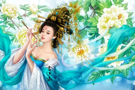 Oriental Beauty - woman, beauty, girl, fantasy, geisha, art, blue, flowers, digital, chinese