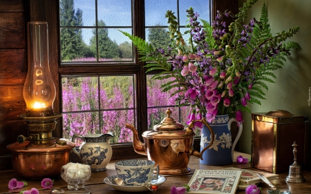 Still Life with Lamp - flowers, window, dishes, lamp, still life