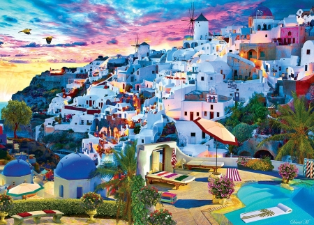 Santorini Sky - houses, artwork, churches, island, sea, greece