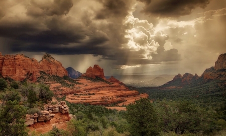 Storm Over a Canyon - trees, scenic, mountains, foreboding, storm, ominous, nature, canyon, clouds, thunder