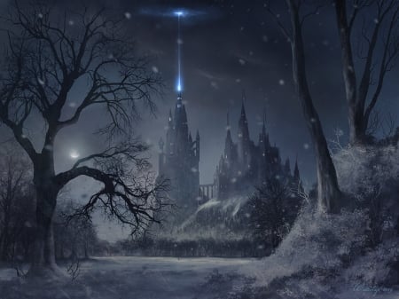 Castle - winter, ben j, night, fantasy, benj, iarna, art, castle, luminos