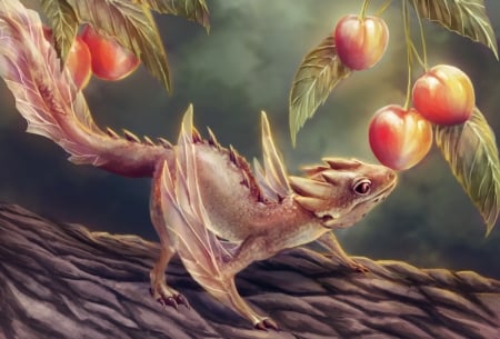 Cherry dragon - cherry, mini, lukefitzsimons, fantasy, dragon, red, fruit, cute, cirese, art, luminos