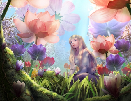 Wonderland - lotus, wonderland, charee kim, blue, girl, mini, flower, pink, fantasy, cute, luminos