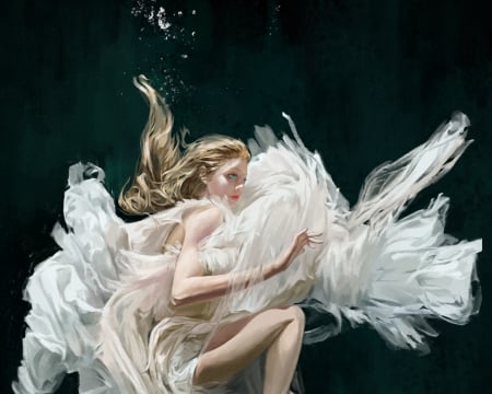 Underwater - fantasy, white, chen sihan, underwater, girl, art, luminos